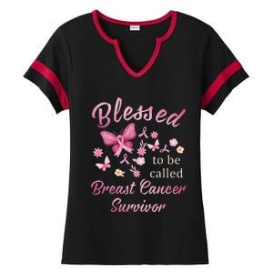 Blessed To Be Called Breast Cancer Survivor Pink Butterfly Ladies Halftime Notch Neck Tee