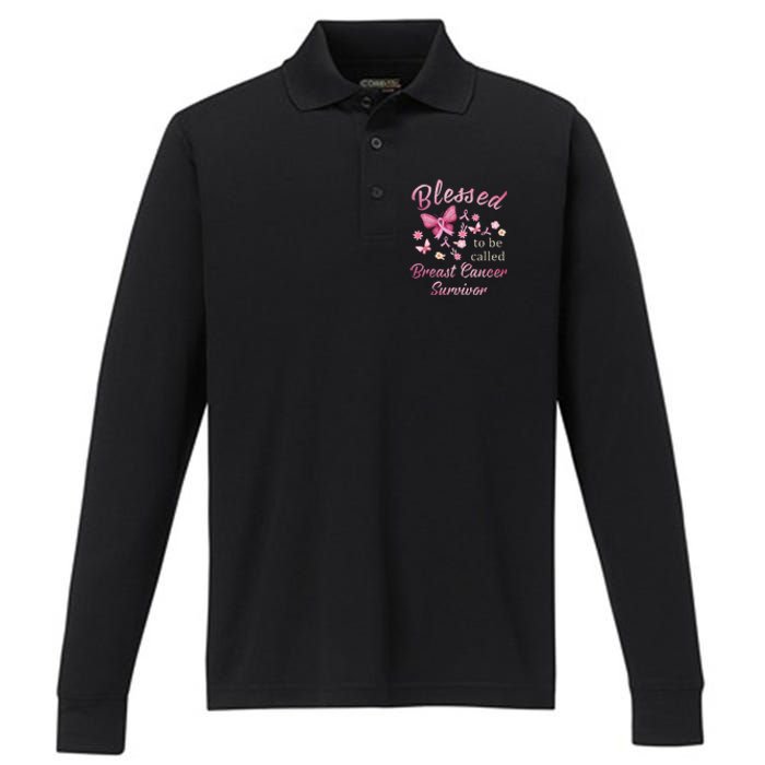 Blessed To Be Called Breast Cancer Survivor Pink Butterfly Performance Long Sleeve Polo