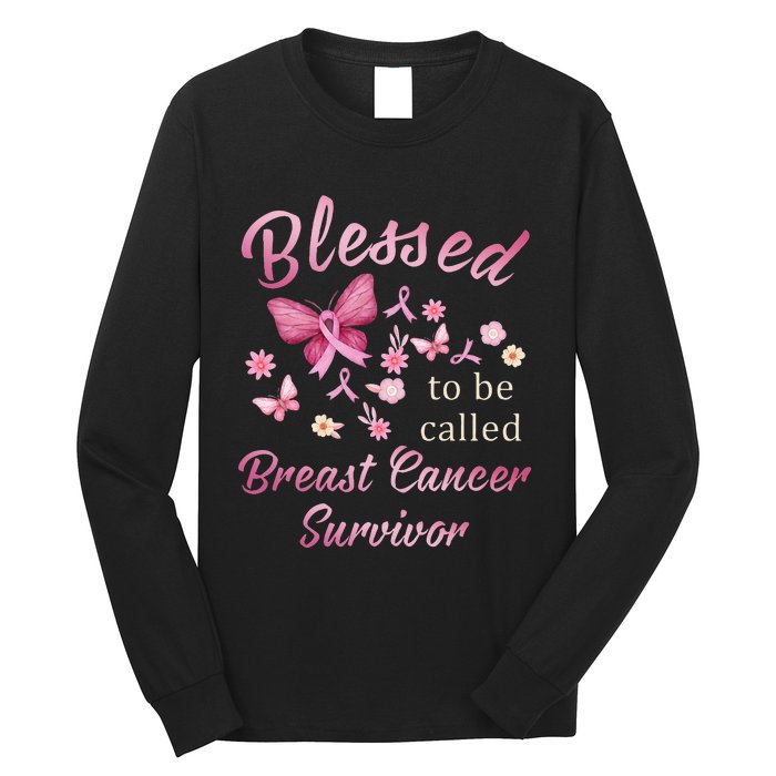 Blessed To Be Called Breast Cancer Survivor Pink Butterfly Long Sleeve Shirt