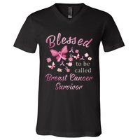 Blessed To Be Called Breast Cancer Survivor Pink Butterfly V-Neck T-Shirt