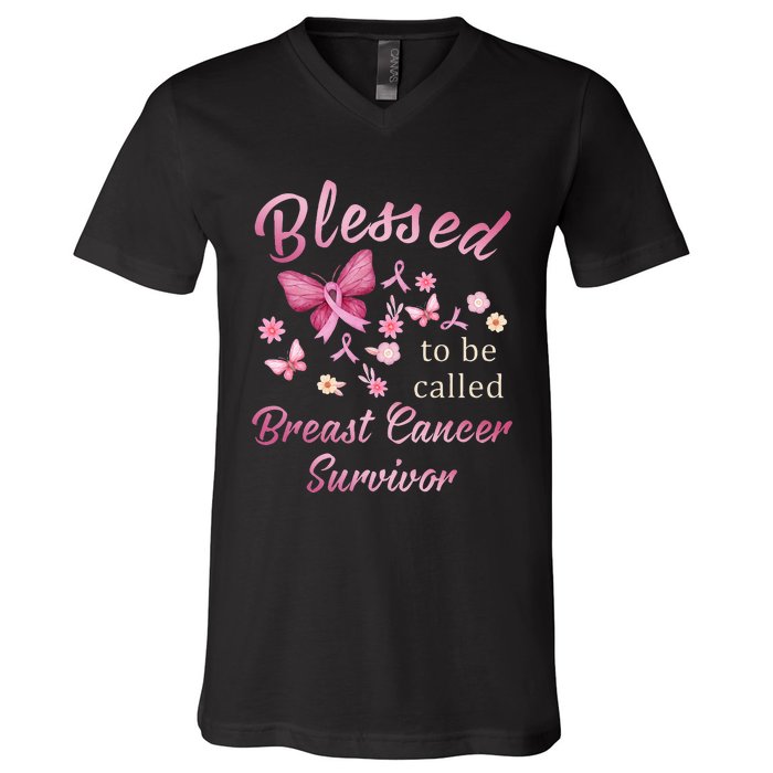 Blessed To Be Called Breast Cancer Survivor Pink Butterfly V-Neck T-Shirt