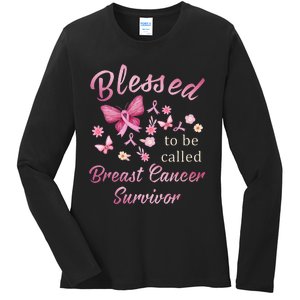 Blessed To Be Called Breast Cancer Survivor Pink Butterfly Ladies Long Sleeve Shirt