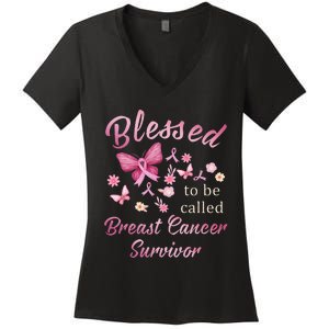 Blessed To Be Called Breast Cancer Survivor Pink Butterfly Women's V-Neck T-Shirt