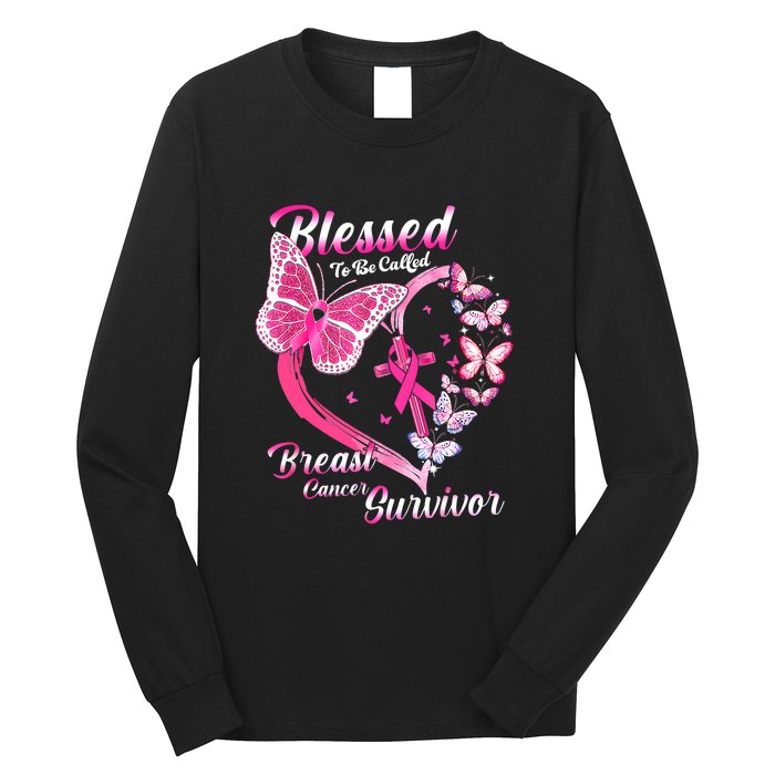 Blessed To Be Called Pink Butterfly Breast Cancer Survivor Long Sleeve Shirt