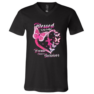 Blessed To Be Called Pink Butterfly Breast Cancer Survivor V-Neck T-Shirt