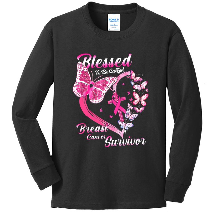 Blessed To Be Called Pink Butterfly Breast Cancer Survivor Kids Long Sleeve Shirt