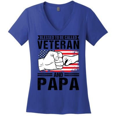 Blessed To Be Called Veteran And Papa Grandfather Gift Women's V-Neck T-Shirt