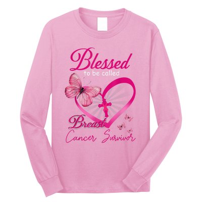 Blessed To Be Called Breast Cancer Survivor Pink Butterfly Long Sleeve Shirt