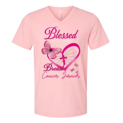 Blessed To Be Called Breast Cancer Survivor Pink Butterfly V-Neck T-Shirt