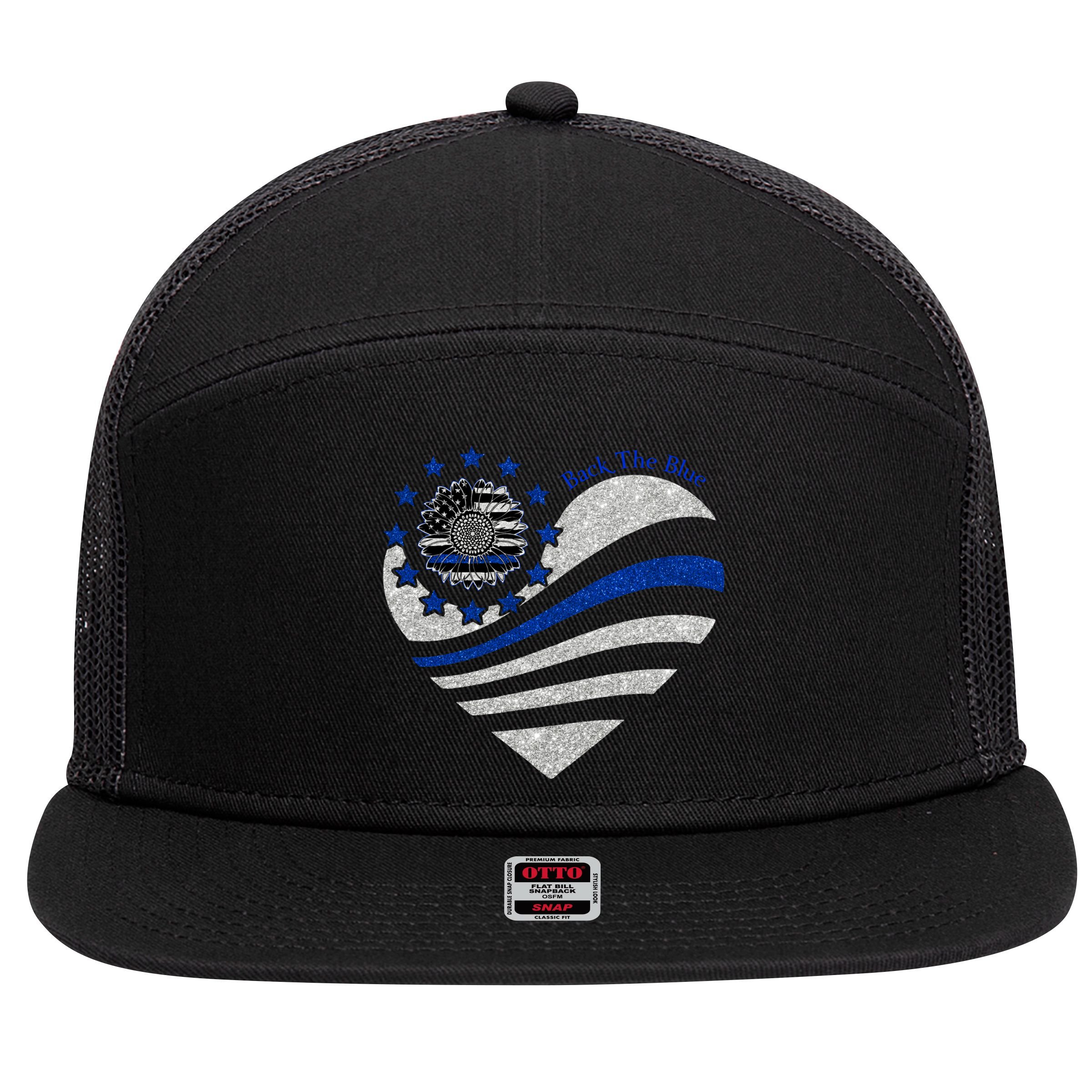 Back The Blue Heart With Sunflower Thin Blue Line Cool Gift 7 Panel Mesh Trucker Snapback Hat