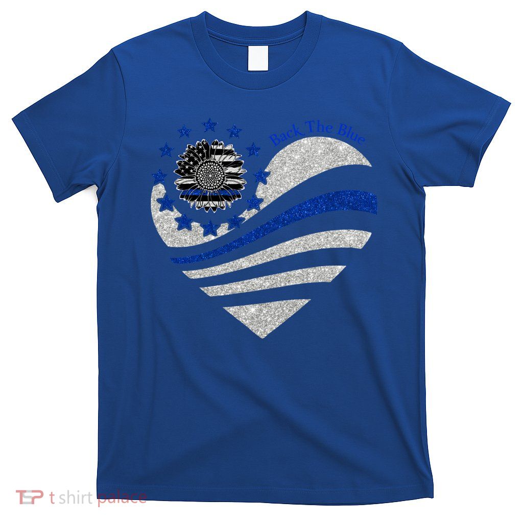 Back The Blue Heart With Sunflower Thin Blue Line Cool Gift T-Shirt