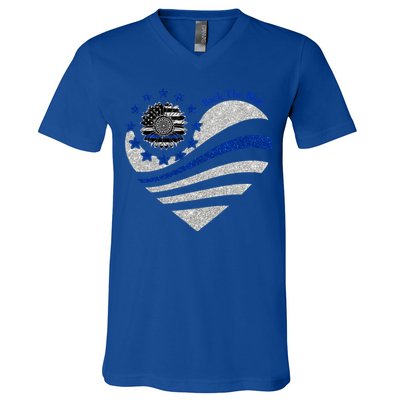 Back The Blue Heart With Sunflower Thin Blue Line Cool Gift V-Neck T-Shirt
