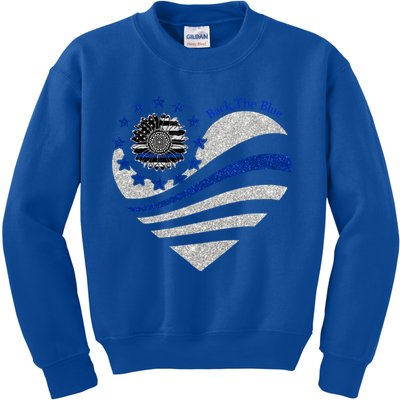 Back The Blue Heart With Sunflower Thin Blue Line Cool Gift Kids Sweatshirt
