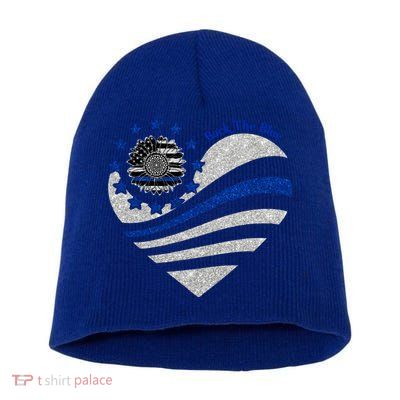 Back The Blue Heart With Sunflower Thin Blue Line Cool Gift Short Acrylic Beanie