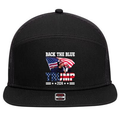 Back The Blue Trump 2024 Police American Flag Thin Blue Line 7 Panel Mesh Trucker Snapback Hat