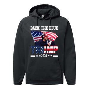 Back The Blue Trump 2024 Police American Flag Thin Blue Line Performance Fleece Hoodie