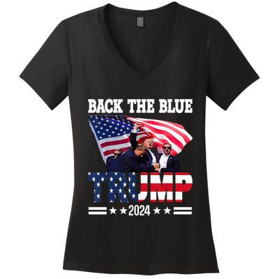 Back The Blue Trump 2024 Police American Flag Thin Blue Line Women's V-Neck T-Shirt