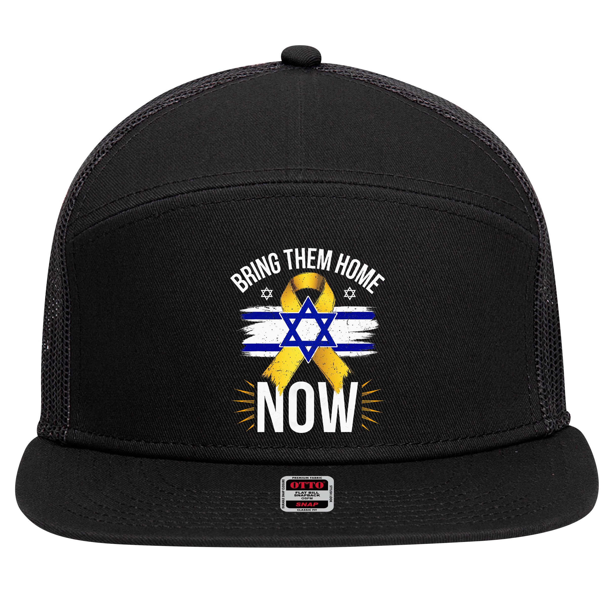 Bring Them Back Home Now Israel Flag Yellow Ribbon 7 Panel Mesh Trucker Snapback Hat