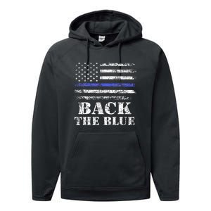 Back The Blue Thin Blue Line American Flag Police Support Performance Fleece Hoodie