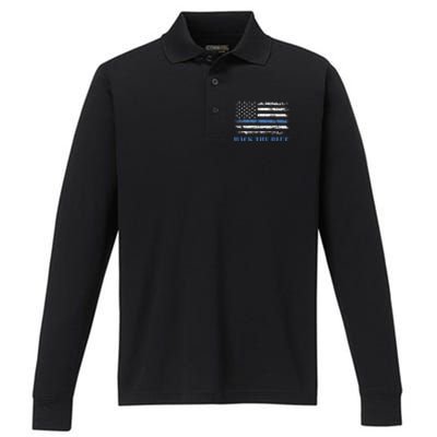 Back The Blue Thin Blue Line American Flag Police Support Performance Long Sleeve Polo