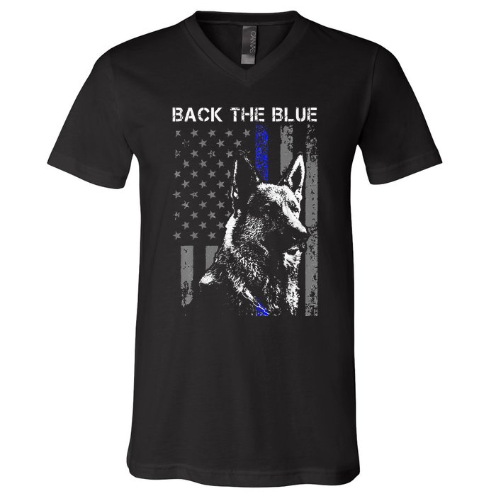 Back The Blue Thin Blue Line Flag K9 German Shepherd Police V-Neck T-Shirt