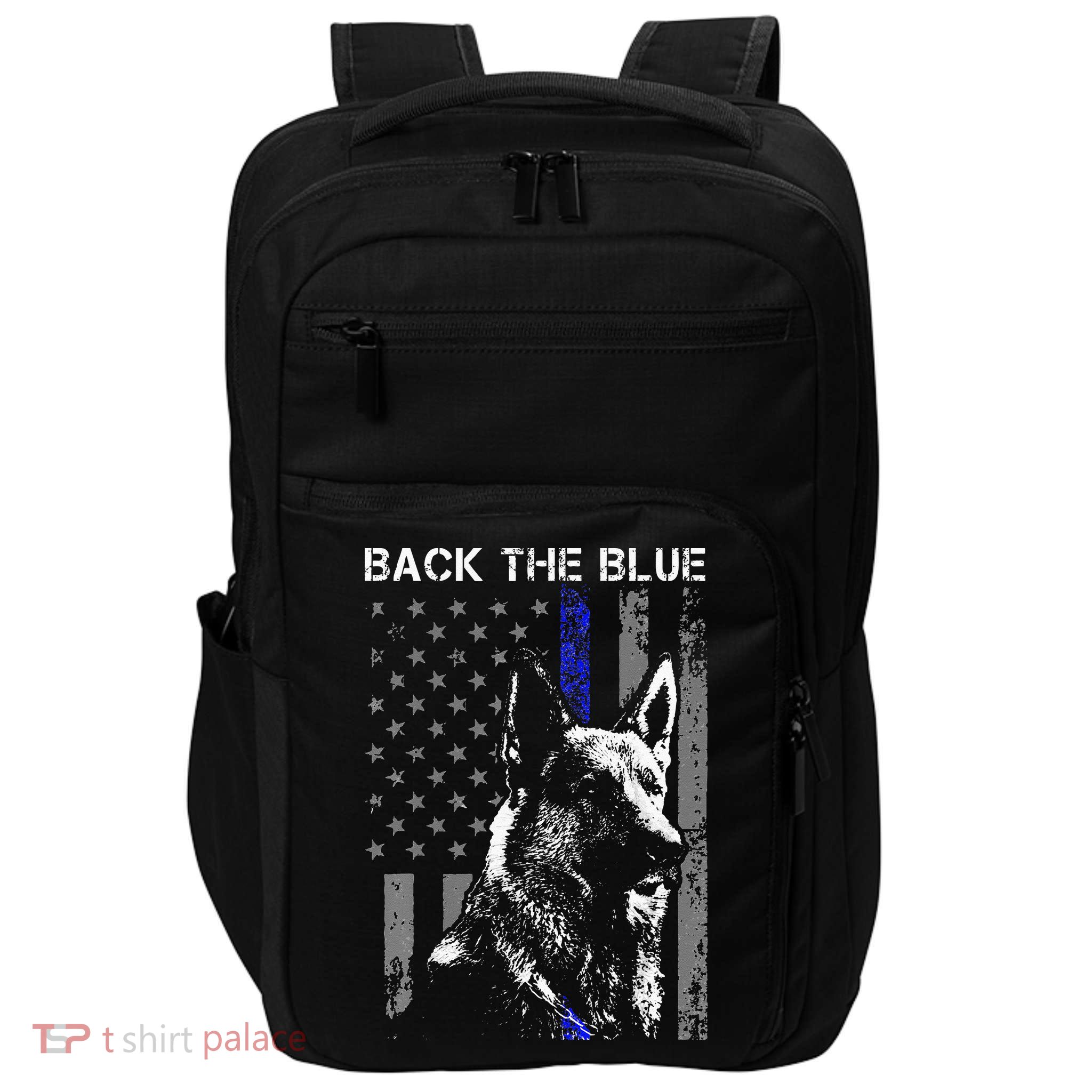 Back The Blue Thin Blue Line Flag K9 German Shepherd Police Impact Tech Backpack