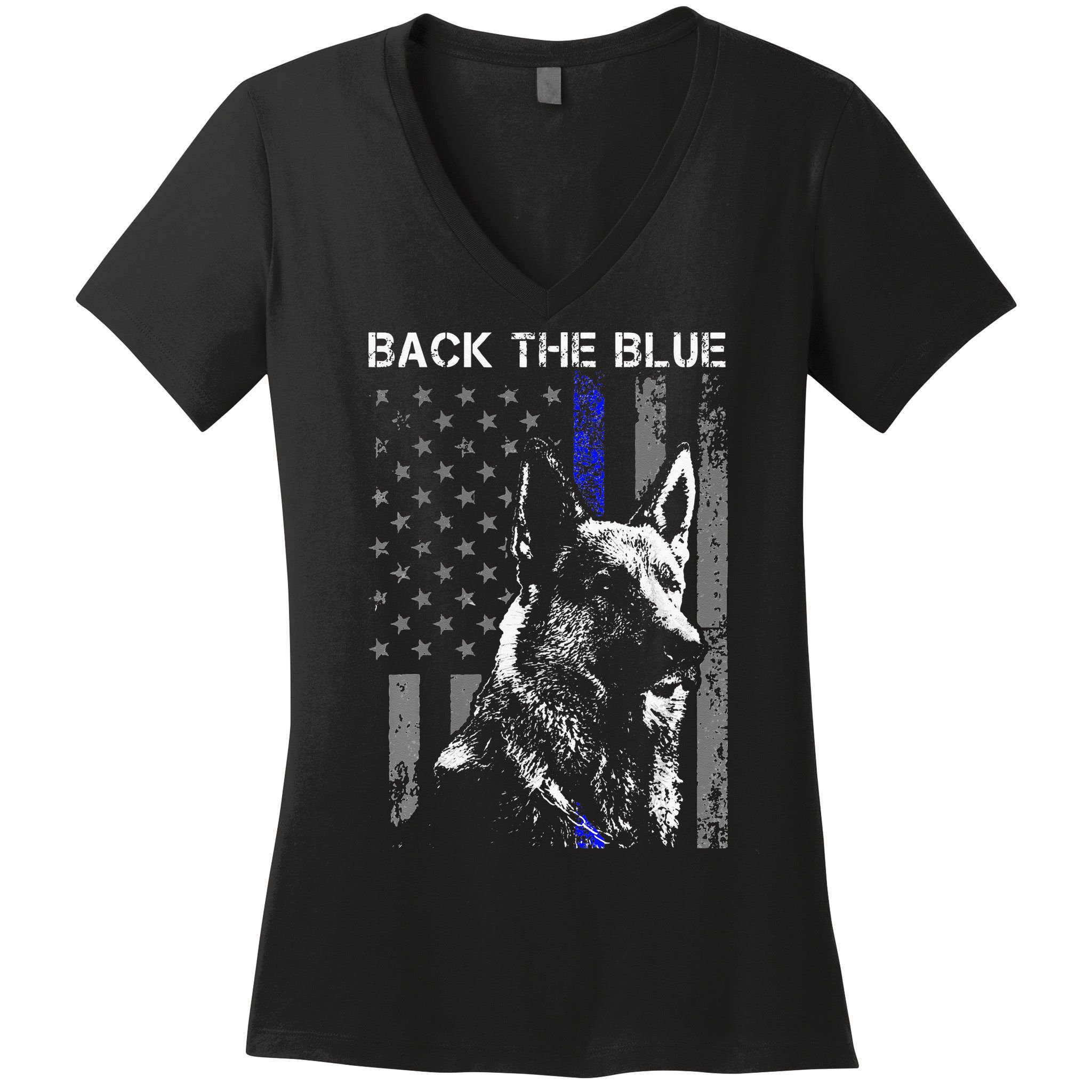 Back The Blue Thin Blue Line Flag K9 German Shepherd Police Women's V-Neck T-Shirt