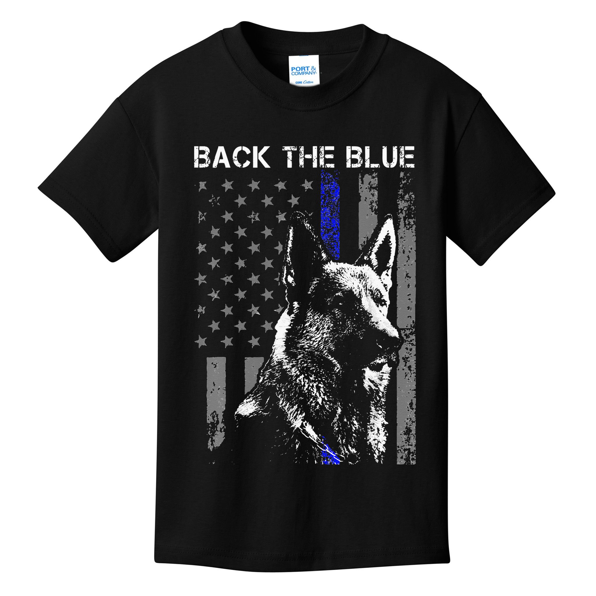 Back The Blue Thin Blue Line Flag K9 German Shepherd Police Kids T-Shirt