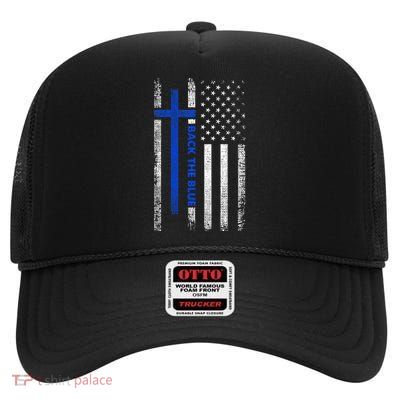 Back The Blue Jesus Faith Cross Police Thin Blue Line Flag High Crown Mesh Back Trucker Hat