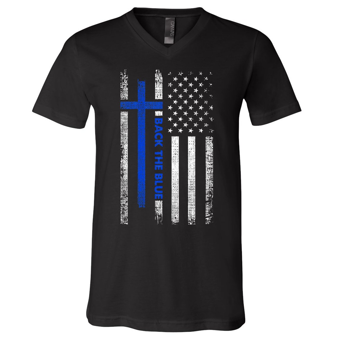 Back The Blue Jesus Faith Cross Police Thin Blue Line Flag V-Neck T-Shirt