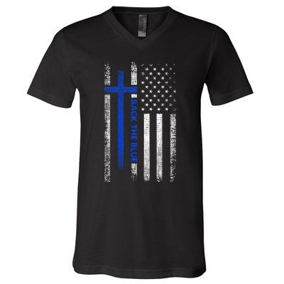 Back The Blue Jesus Faith Cross Police Thin Blue Line Flag V-Neck T-Shirt