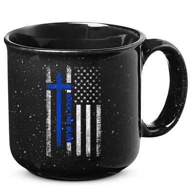 Back The Blue Jesus Faith Cross Police Thin Blue Line Flag 15oz Campfire Ceramic Mug
