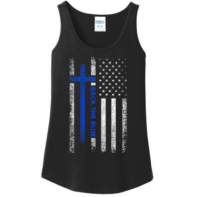 Back The Blue Jesus Faith Cross Police Thin Blue Line Flag Ladies Essential Tank