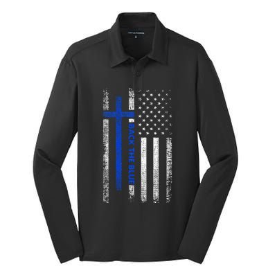 Back The Blue Jesus Faith Cross Police Thin Blue Line Flag Silk Touch Performance Long Sleeve Polo