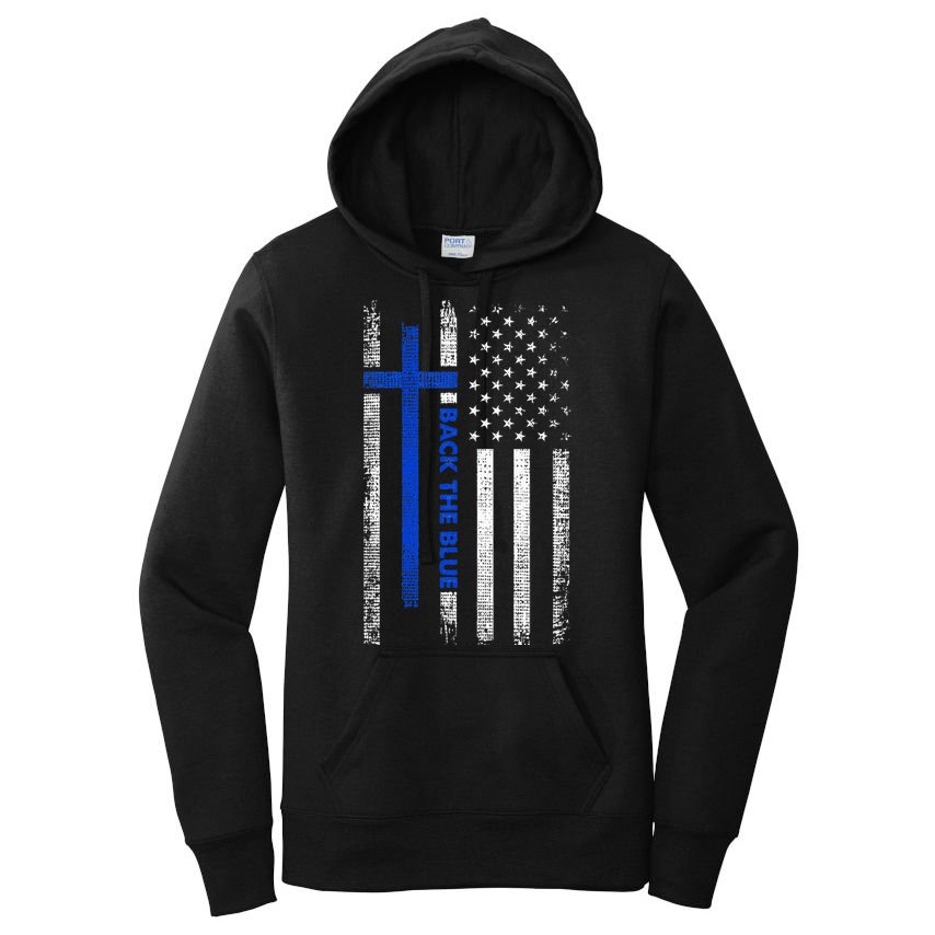 Back The Blue Jesus Faith Cross Police Thin Blue Line Flag Women's Pullover Hoodie
