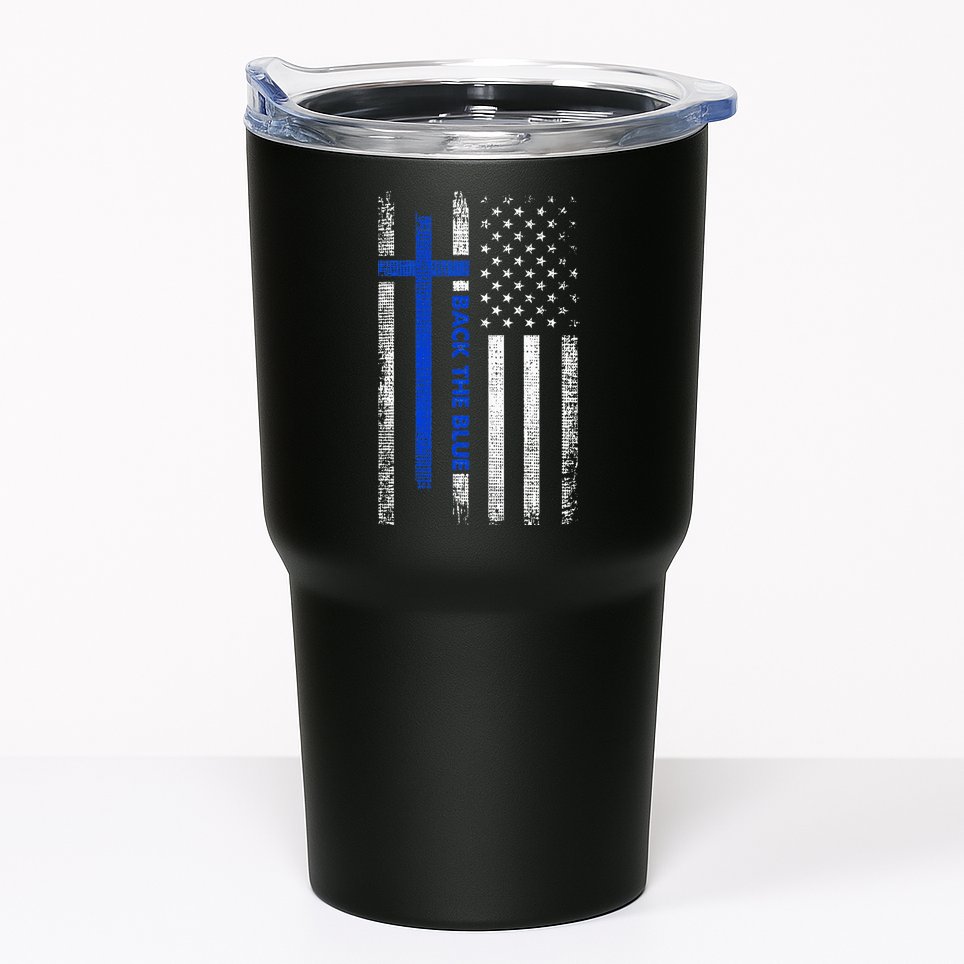 Back The Blue Jesus Faith Cross Police Thin Blue Line Flag Tumbler