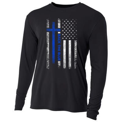 Back The Blue Jesus Faith Cross Police Thin Blue Line Flag Cooling Performance Long Sleeve Crew