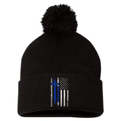 Back The Blue Jesus Faith Cross Police Thin Blue Line Flag Pom Pom 12in Knit Beanie