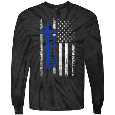 Back The Blue Jesus Faith Cross Police Thin Blue Line Flag Tie-Dye Long Sleeve Shirt