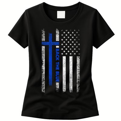 Back The Blue Jesus Faith Cross Police Thin Blue Line Flag Womens T-Shirt