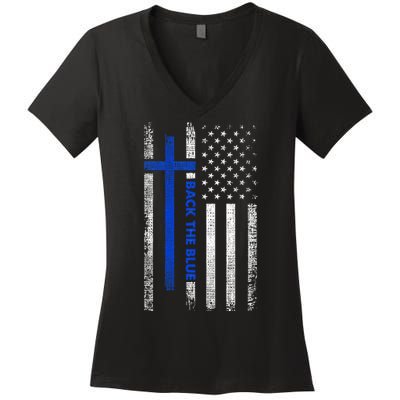 Back The Blue Jesus Faith Cross Police Thin Blue Line Flag Women's V-Neck T-Shirt