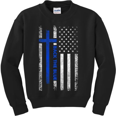 Back The Blue Jesus Faith Cross Police Thin Blue Line Flag Kids Sweatshirt