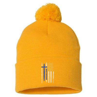 Back The Blue Jesus Faith Cross Police Thin Blue Line Flag Pom Pom 12in Knit Beanie