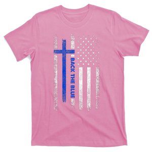 Back The Blue Jesus Faith Cross Police Thin Blue Line Flag T-Shirt