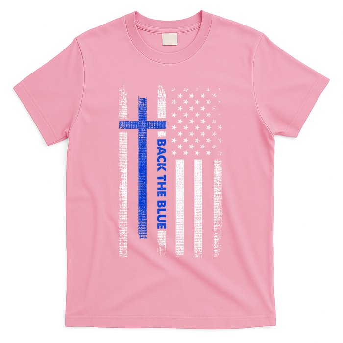 Back The Blue Jesus Faith Cross Police Thin Blue Line Flag T-Shirt