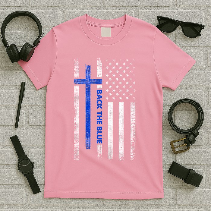 Back The Blue Jesus Faith Cross Police Thin Blue Line Flag T-Shirt