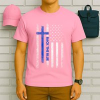 Back The Blue Jesus Faith Cross Police Thin Blue Line Flag T-Shirt
