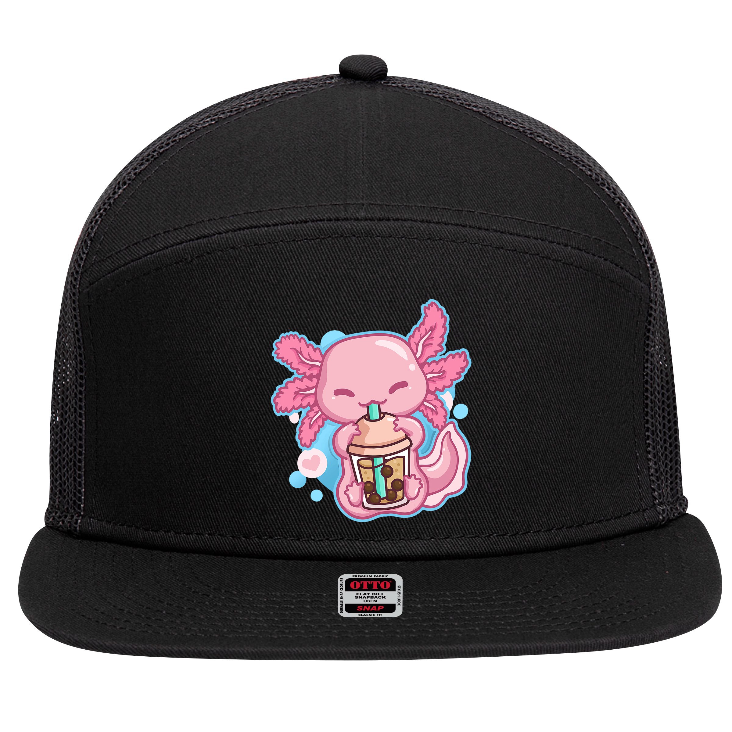 Boba Tea Bubble Tea Milk Tea Anime Axolotl  7 Panel Mesh Trucker Snapback Hat
