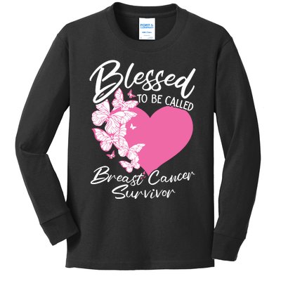 Blessed To Be Called Breast Cancer Survivor Pink Butterfly Kids Long Sleeve Shirt