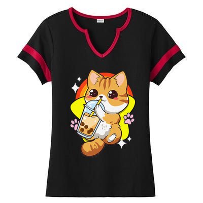 Boba Tea Bubble Tea Cat Anime Kawaii Neko Lover Japanese  Ladies Halftime Notch Neck Tee